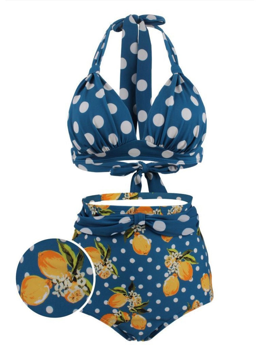 Clothing Retro Stage | 1950S Lemon Polka Dot Halter Bikini Blue