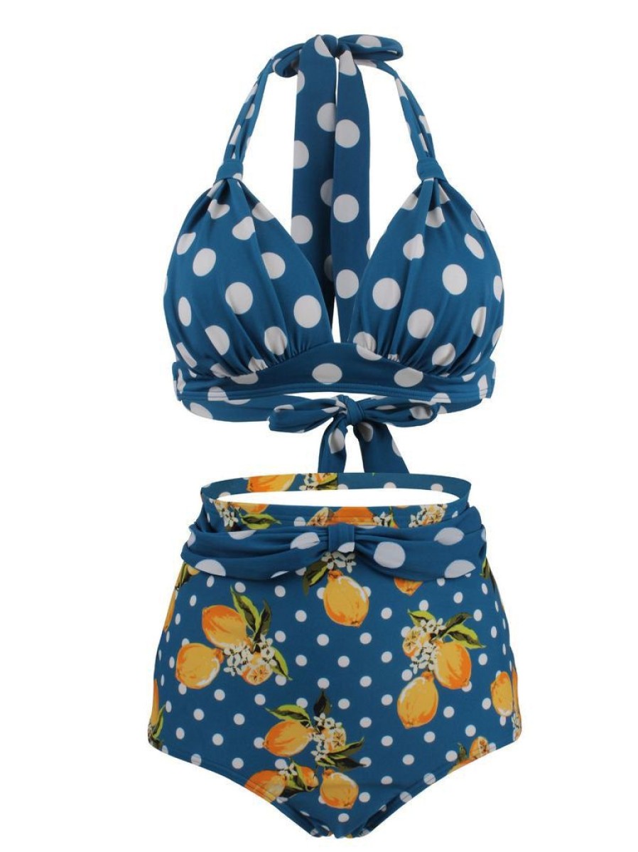 Clothing Retro Stage | 1950S Lemon Polka Dot Halter Bikini Blue