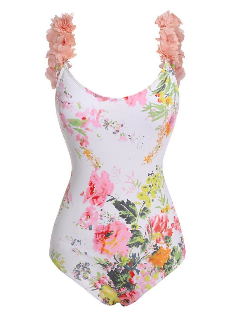 Clothing Retro Stage | 1950S Flowers Backless Swimsuit Light Pink