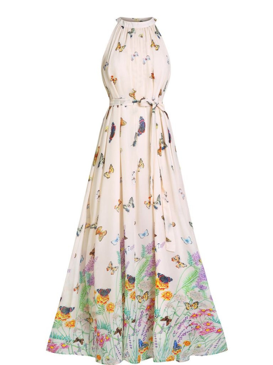 Clothing Retro Stage | 1950S Floral Butterfly Vintage Maxi Dress Beige