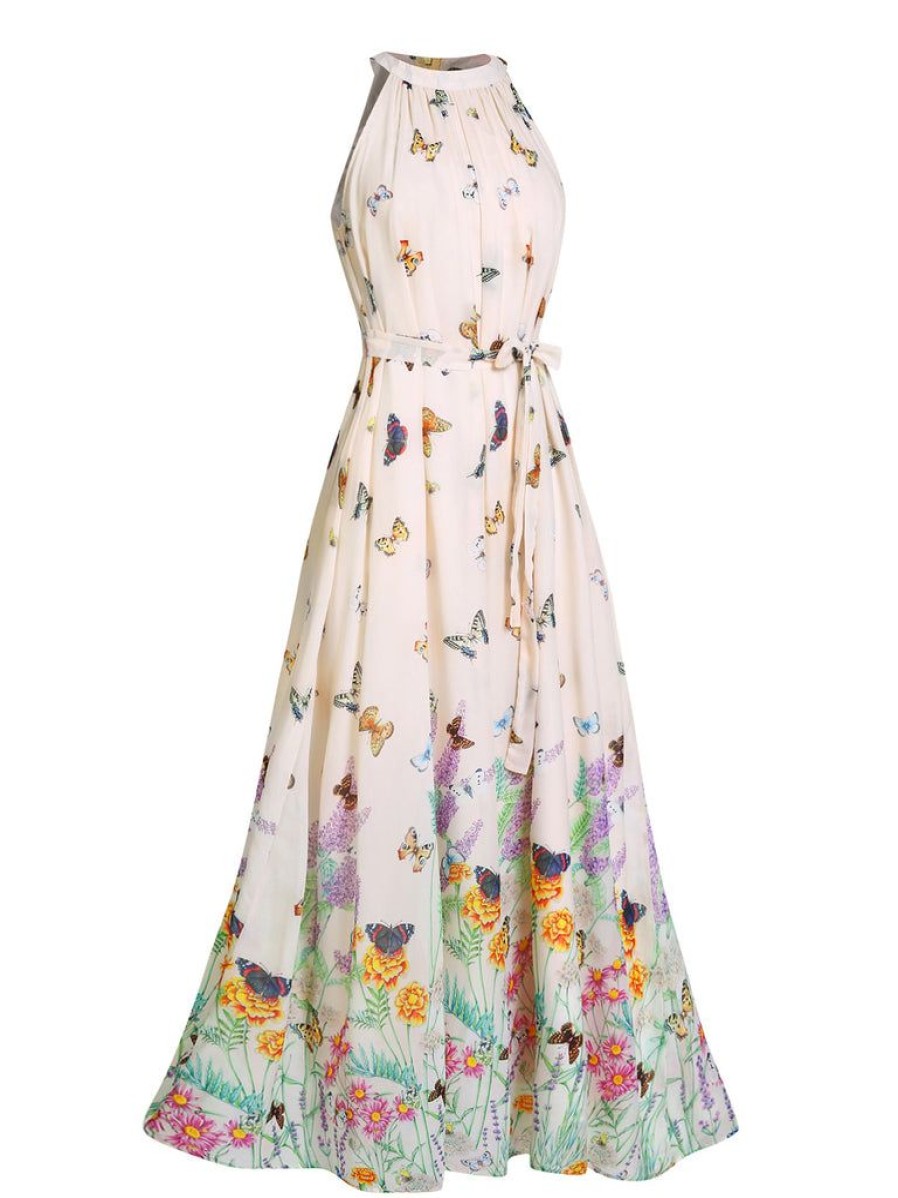 Clothing Retro Stage | 1950S Floral Butterfly Vintage Maxi Dress Beige