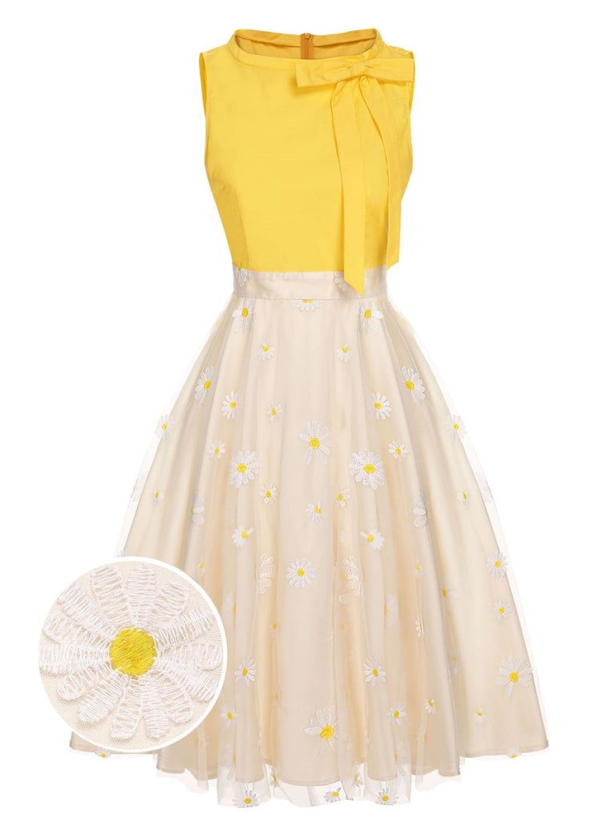 Clothing Retro Stage | 1950S Daisy Bowtie Patchwork Dress Yellow