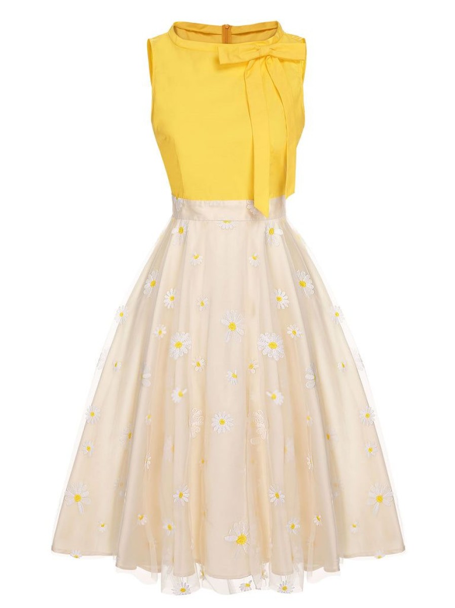 Clothing Retro Stage | 1950S Daisy Bowtie Patchwork Dress Yellow