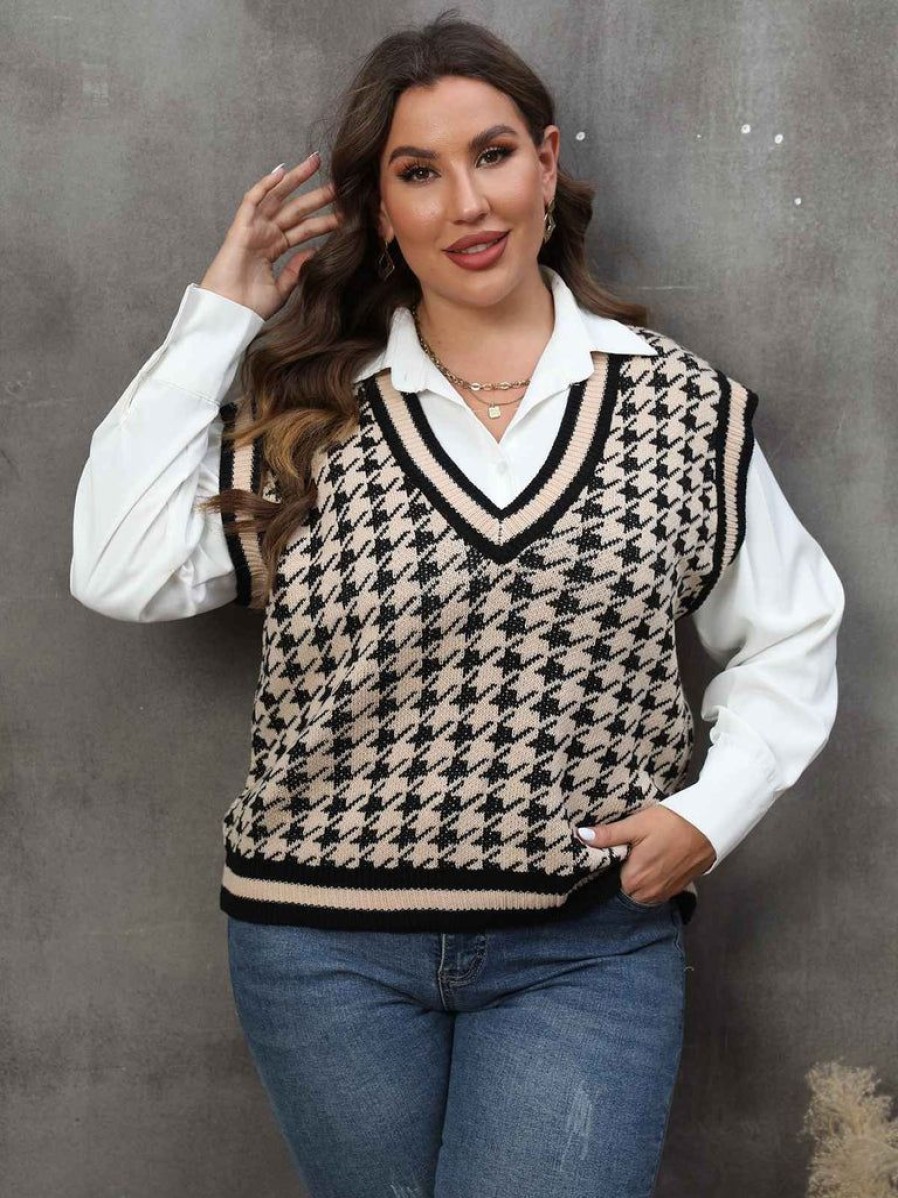 Clothing Retro Stage | [Plus Size] 1960S Jacquard Contrasting Houndstooth Wool Vest