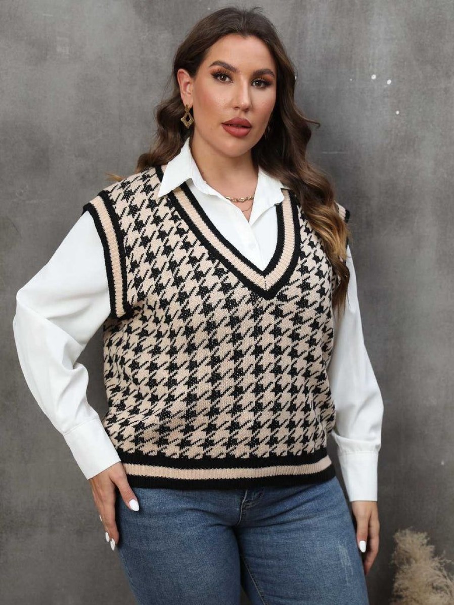 Clothing Retro Stage | [Plus Size] 1960S Jacquard Contrasting Houndstooth Wool Vest