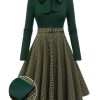 Clothing Retro Stage | 1950S Plaid Knitting Dress Dark Green