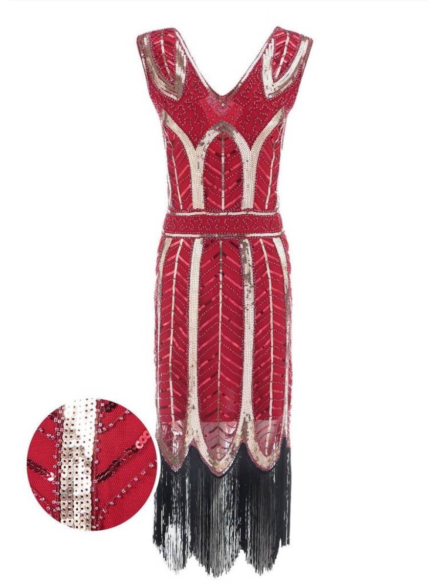 Clothing Retro Stage | 1920S Leaves Sequined Tassel Dress