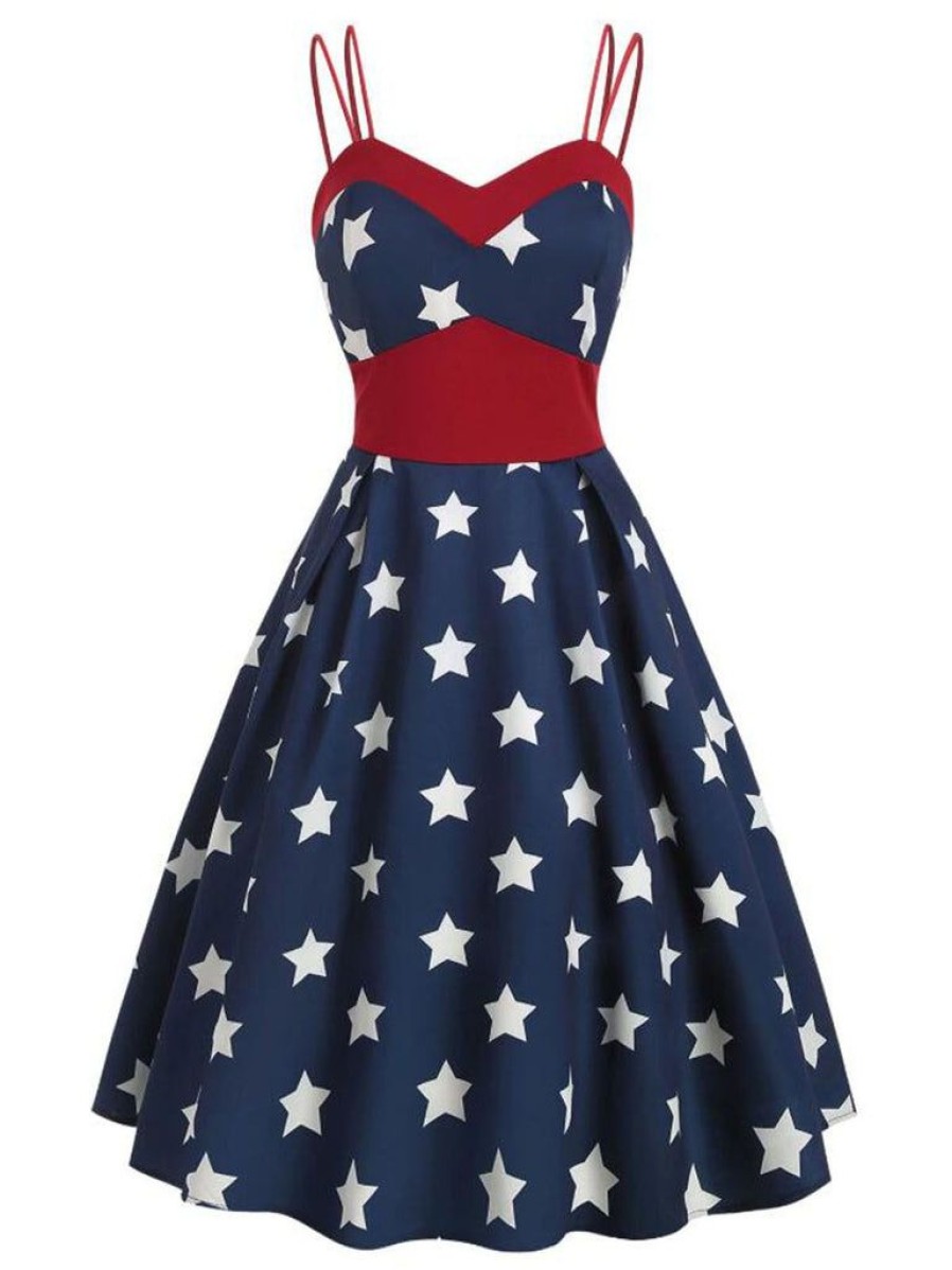 Clothing Retro Stage | 1950S Stars Spaghetti Strap Dress Navy Blue