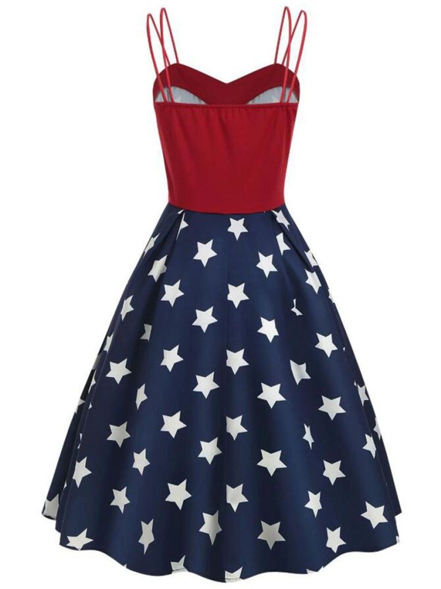 Clothing Retro Stage | 1950S Stars Spaghetti Strap Dress Navy Blue