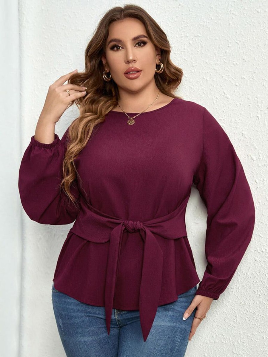 Clothing Retro Stage | [Plus Size] 1950S Elastic Cuffs Tie-Up Top Purple