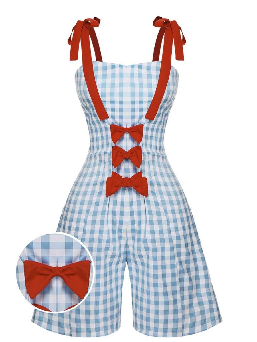 Clothing Retro Stage | 1950S Plaid Camisole Romper Light Blue