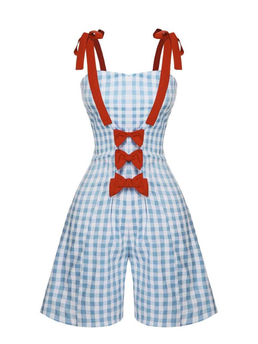 Clothing Retro Stage | 1950S Plaid Camisole Romper Light Blue