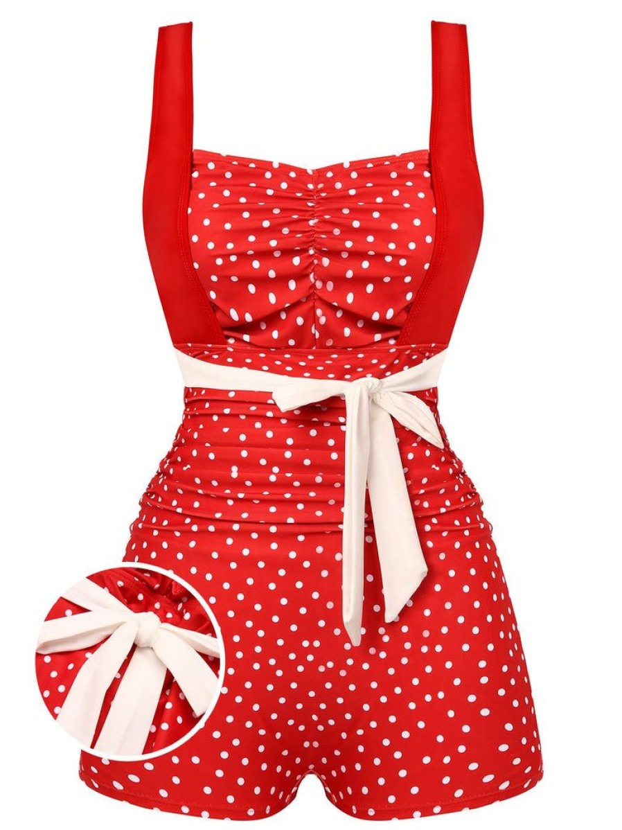 Clothing Retro Stage | 1930S Polka Dot One-Piece Swimsuit Red