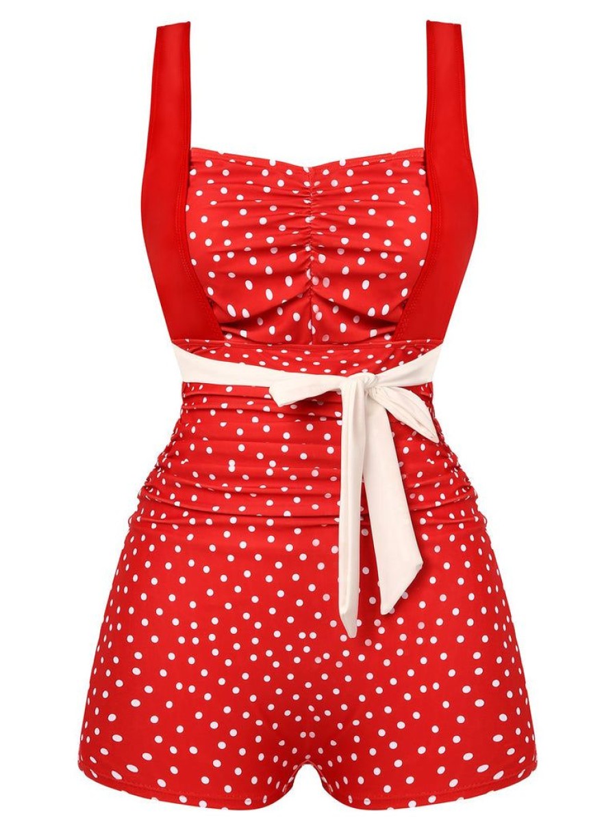 Clothing Retro Stage | 1930S Polka Dot One-Piece Swimsuit Red