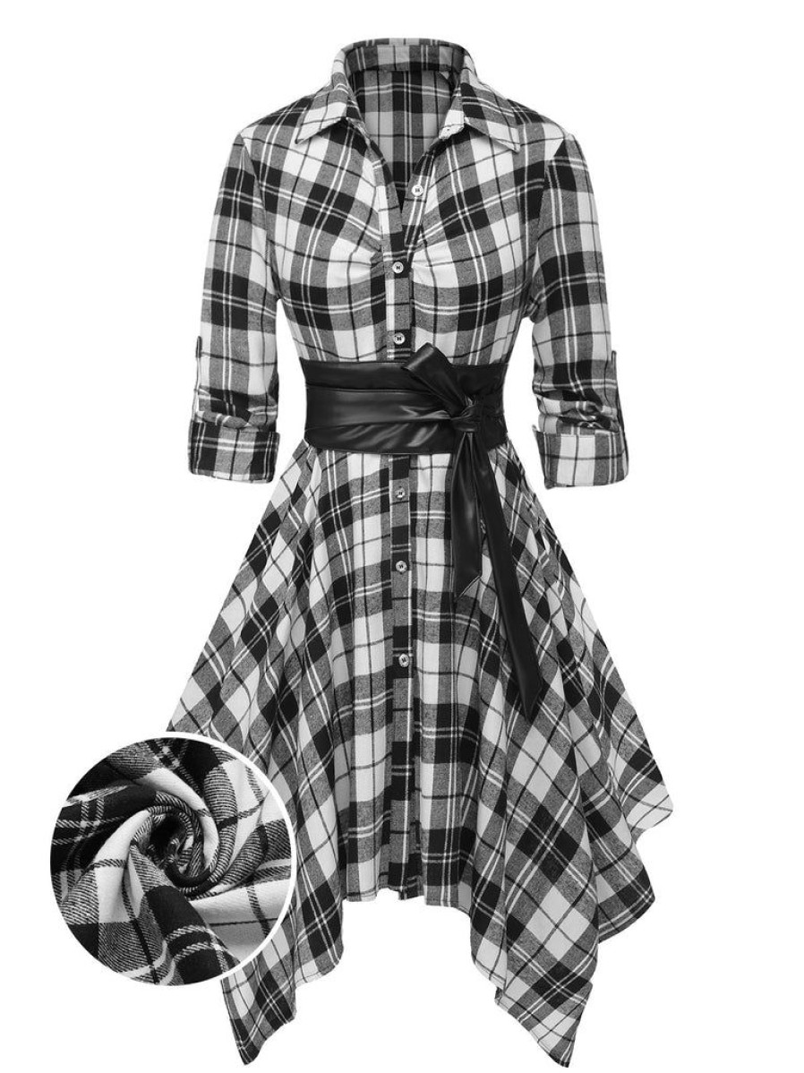 Clothing Retro Stage | 1950S 3/4 Sleeve Plaid Belt Long Tops