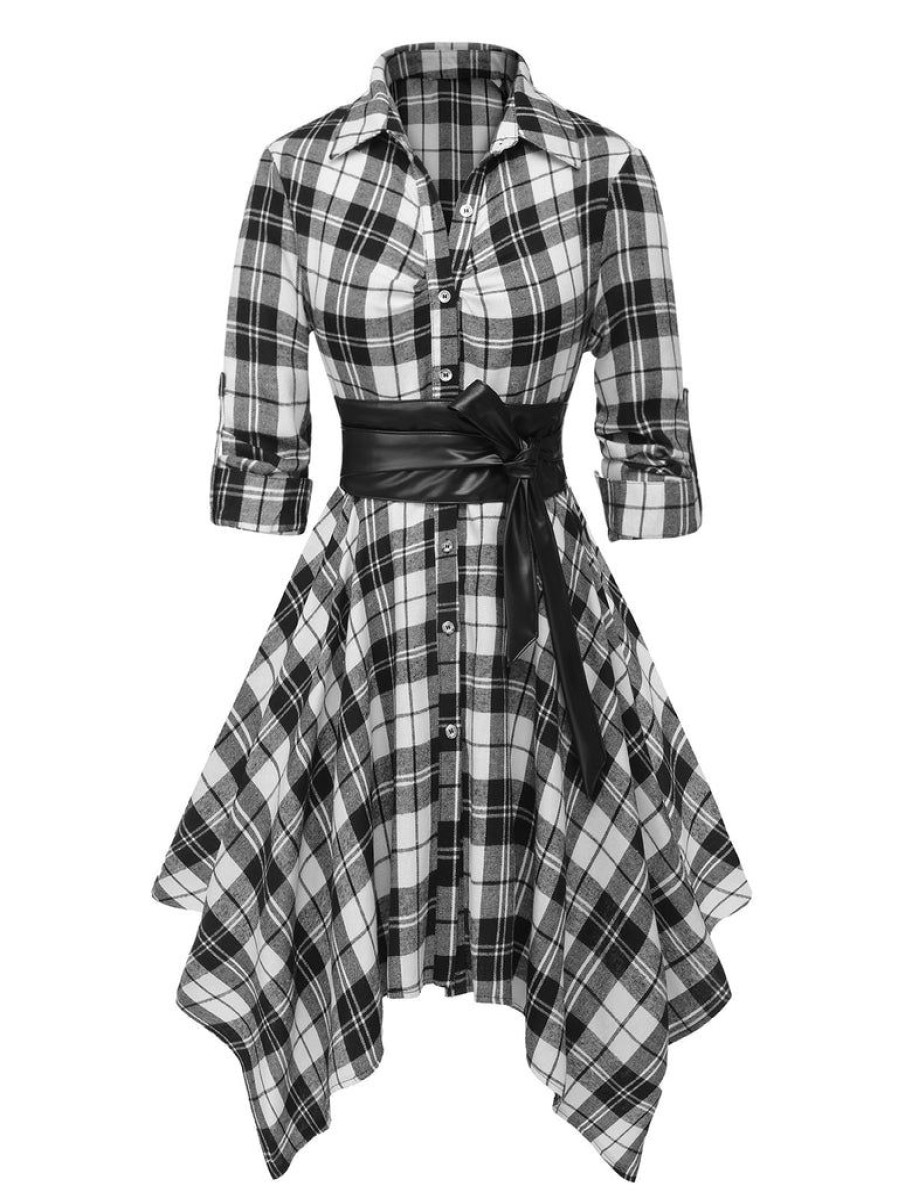 Clothing Retro Stage | 1950S 3/4 Sleeve Plaid Belt Long Tops