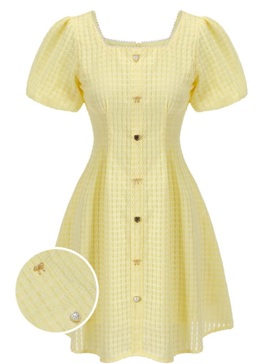 Clothing Retro Stage | 1950S Square Neck Buttons Mini Dress Yellow