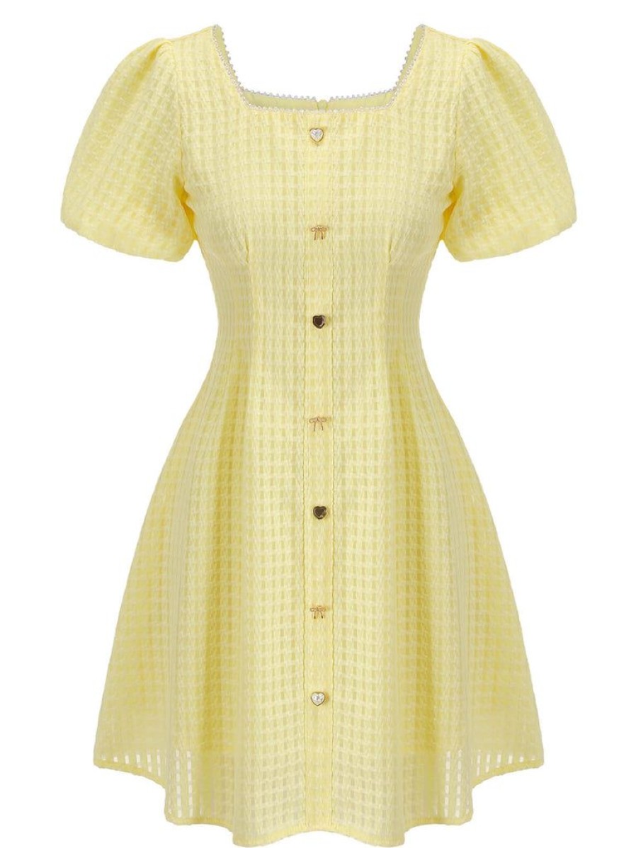 Clothing Retro Stage | 1950S Square Neck Buttons Mini Dress Yellow