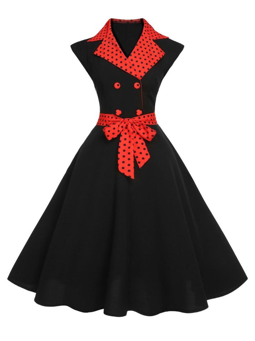 Clothing Retro Stage | Black 1950S Halloween Polka Dots Swing Dress Black & Red