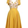 Clothing Retro Stage | 1940S V-Neck Sunflower Patchwork Jumpsuit Yellow