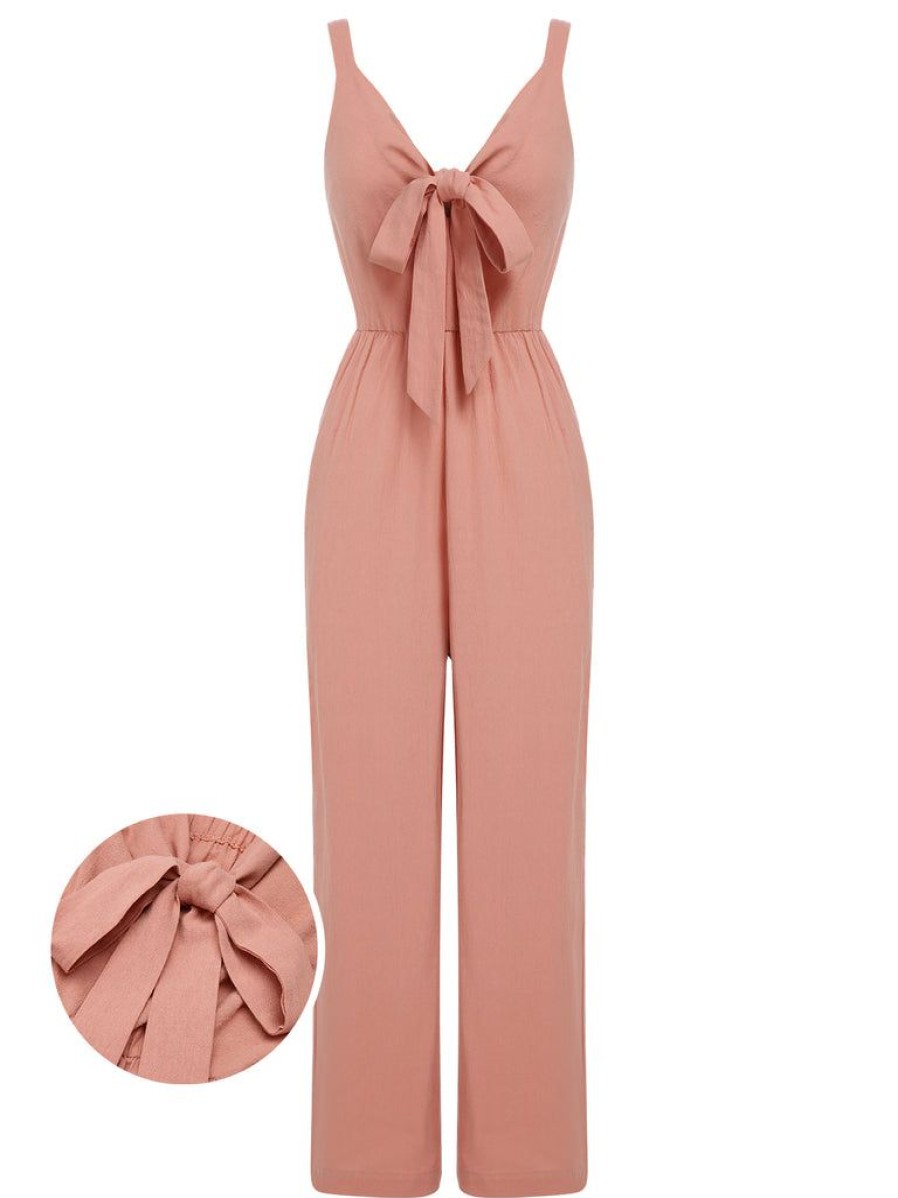 Clothing Retro Stage | 1930S Solid Strap Lace-Up Jumpsuit Pink