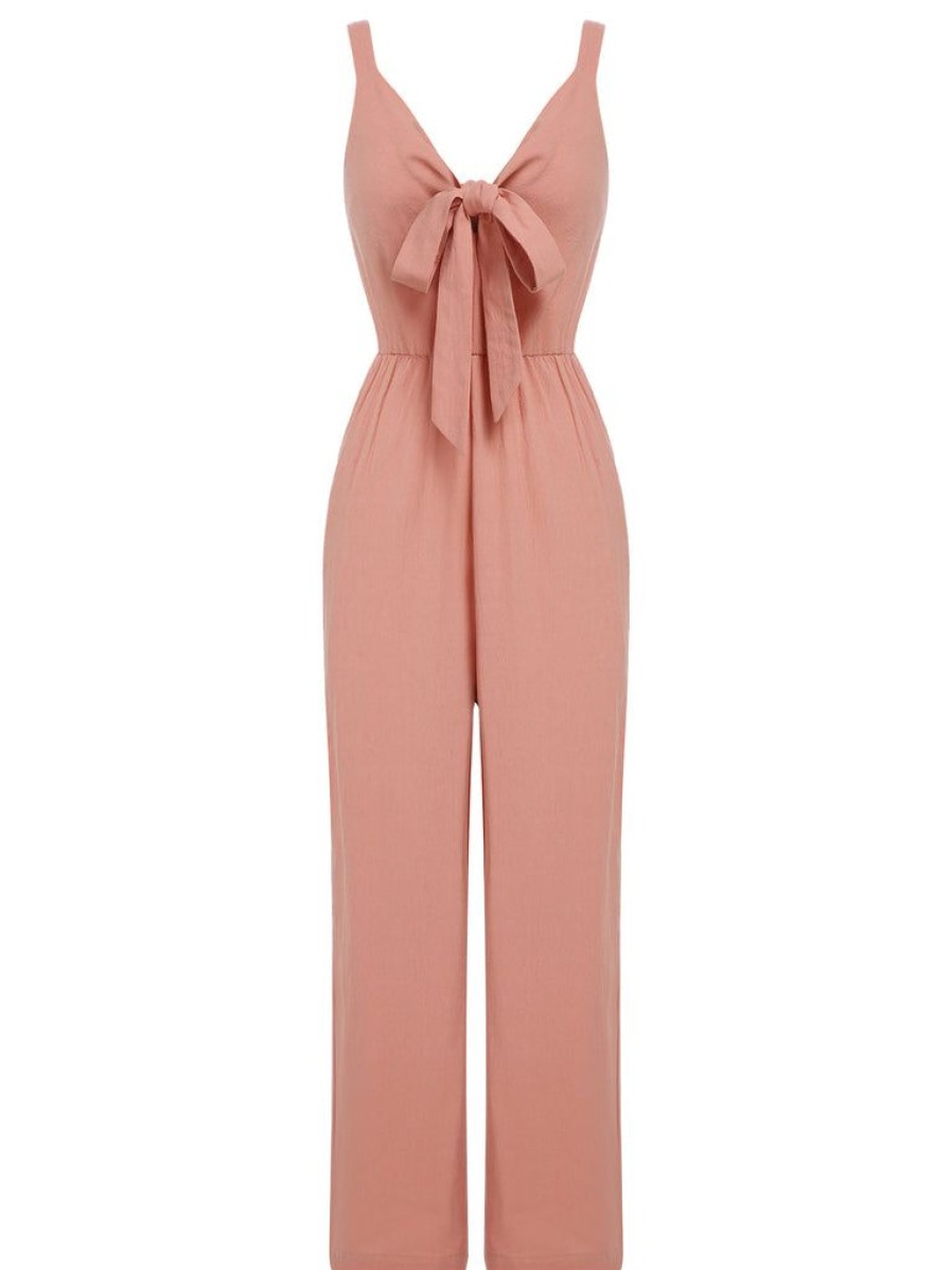 Clothing Retro Stage | 1930S Solid Strap Lace-Up Jumpsuit Pink