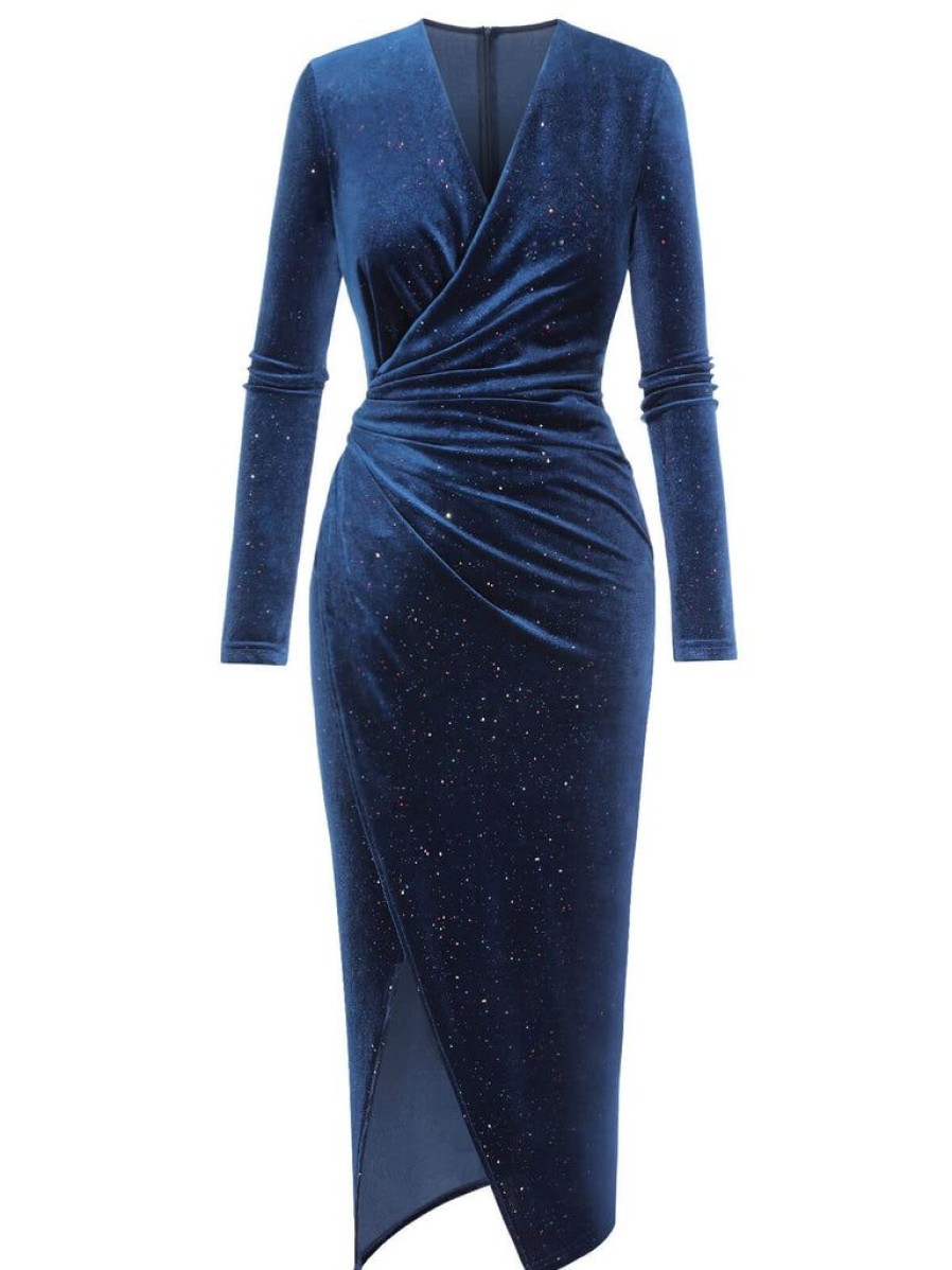 Clothing Retro Stage | 1960S Solid Glitter Velvet Slit Pencil Dress