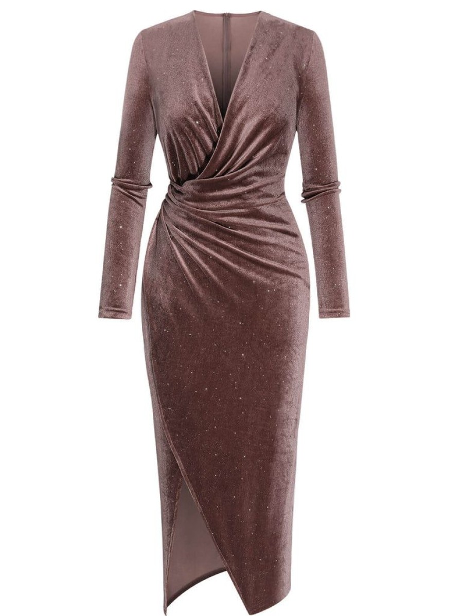 Clothing Retro Stage | 1960S Solid Glitter Velvet Slit Pencil Dress