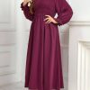 Clothing Retro Stage | [Plus Size] 1940S Puff Sleeve Pleated Dress Purple Red