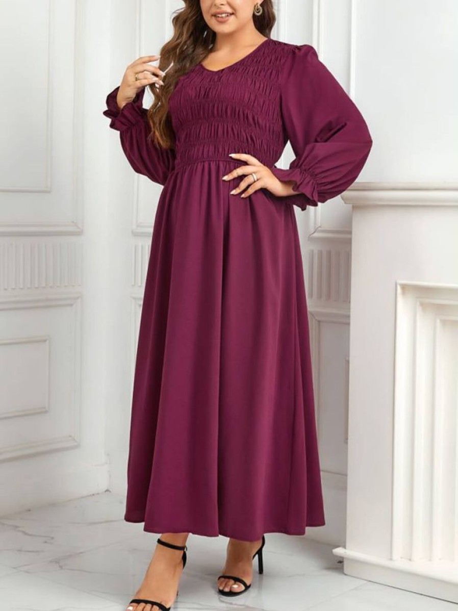 Clothing Retro Stage | [Plus Size] 1940S Puff Sleeve Pleated Dress Purple Red