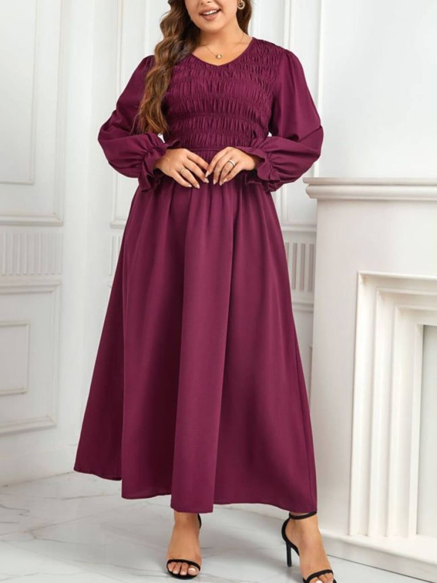 Clothing Retro Stage | [Plus Size] 1940S Puff Sleeve Pleated Dress Purple Red