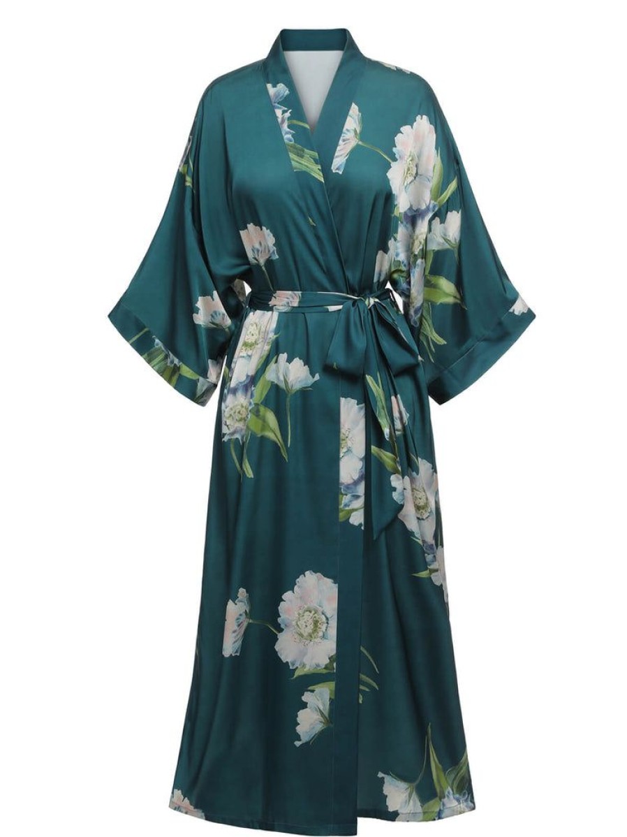 Clothing Retro Stage | Dark Green 1950S Floral Satin Robe