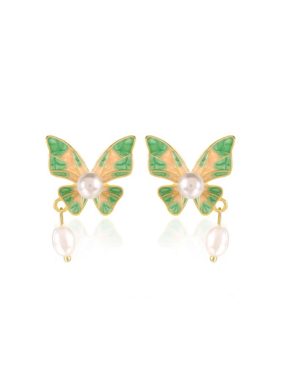 Accessories Retro Stage | Green Butterfly Pearl Earrings