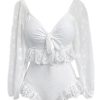 Clothing Retro Stage | 1950S Lantern Sleeve Ruffled Swimsuit White