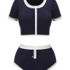 Clothing Retro Stage | Blue 1940S Patchwork Buttoned Swimsuit