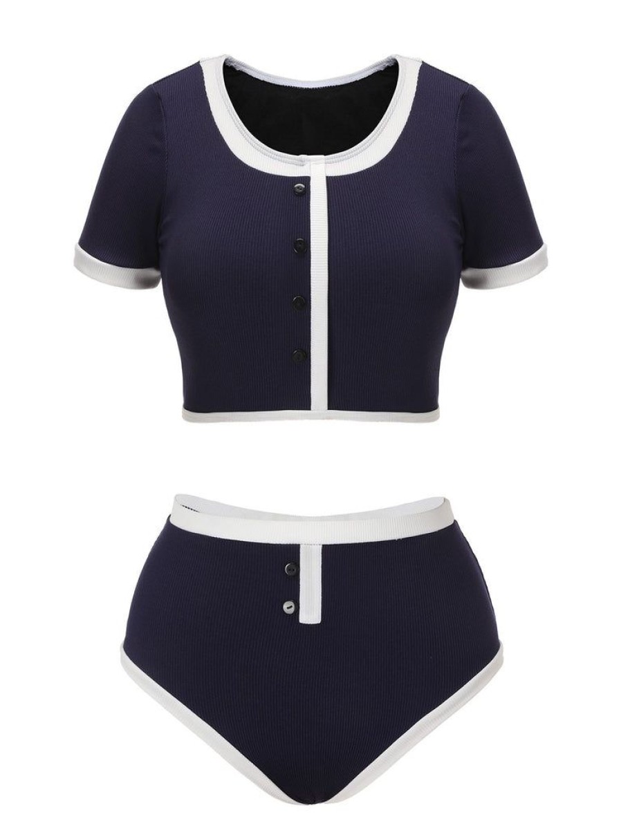 Clothing Retro Stage | Blue 1940S Patchwork Buttoned Swimsuit