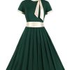 Clothing Retro Stage | 1950S Stand Collar Bow Swing Dress Dark Green