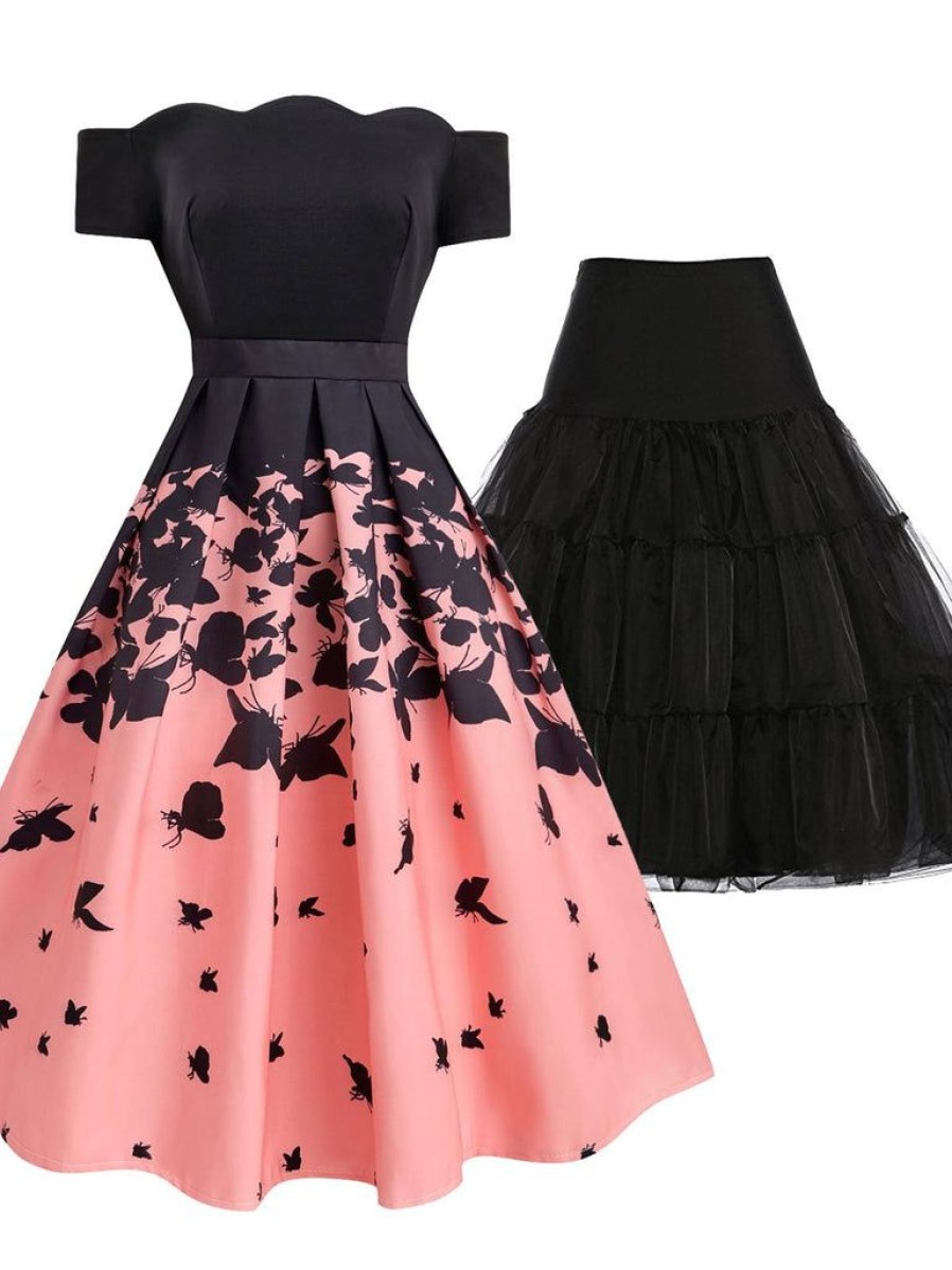 Clothing Retro Stage | 2Pcs Butterfly 1950S Dress & Black Petticoat