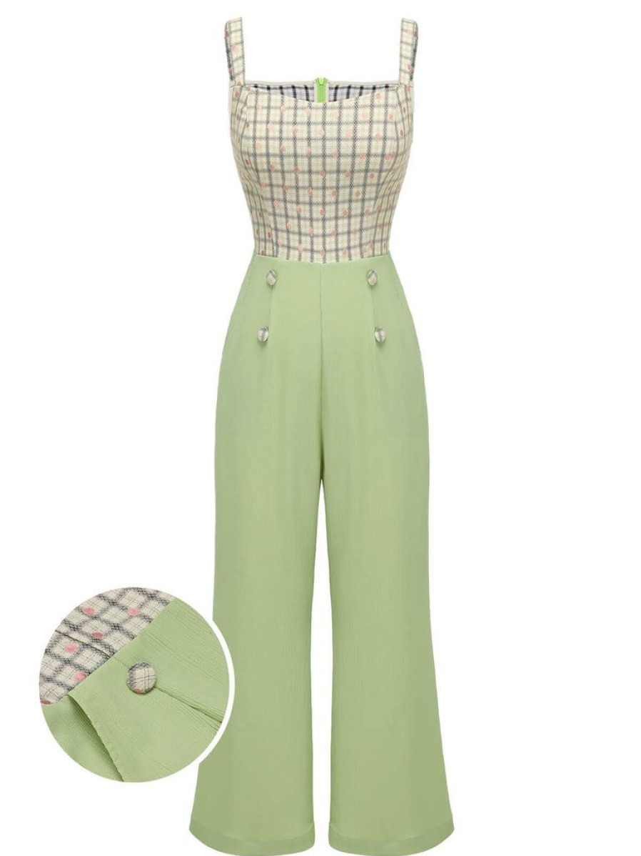 Clothing Retro Stage | 1930S Plaid Dots Strap Jumpsuit Green