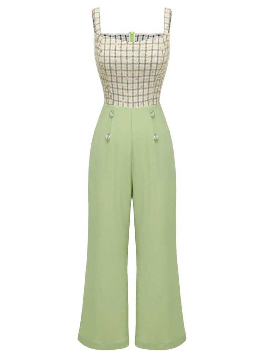 Clothing Retro Stage | 1930S Plaid Dots Strap Jumpsuit Green