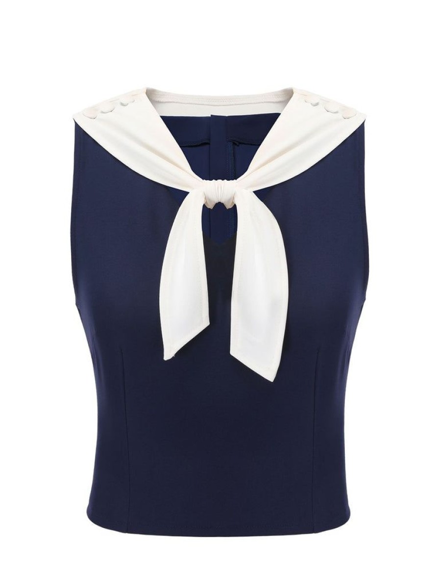 Clothing Retro Stage | 1950S Solid Sailor Collar Blouse Navy Blue