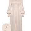 Clothing Retro Stage | 1940S Solid Silk Buttoned Tea Dress Beige