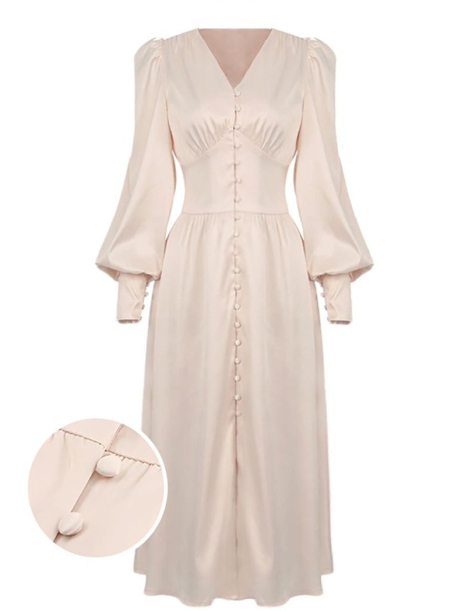 Clothing Retro Stage | 1940S Solid Silk Buttoned Tea Dress Beige