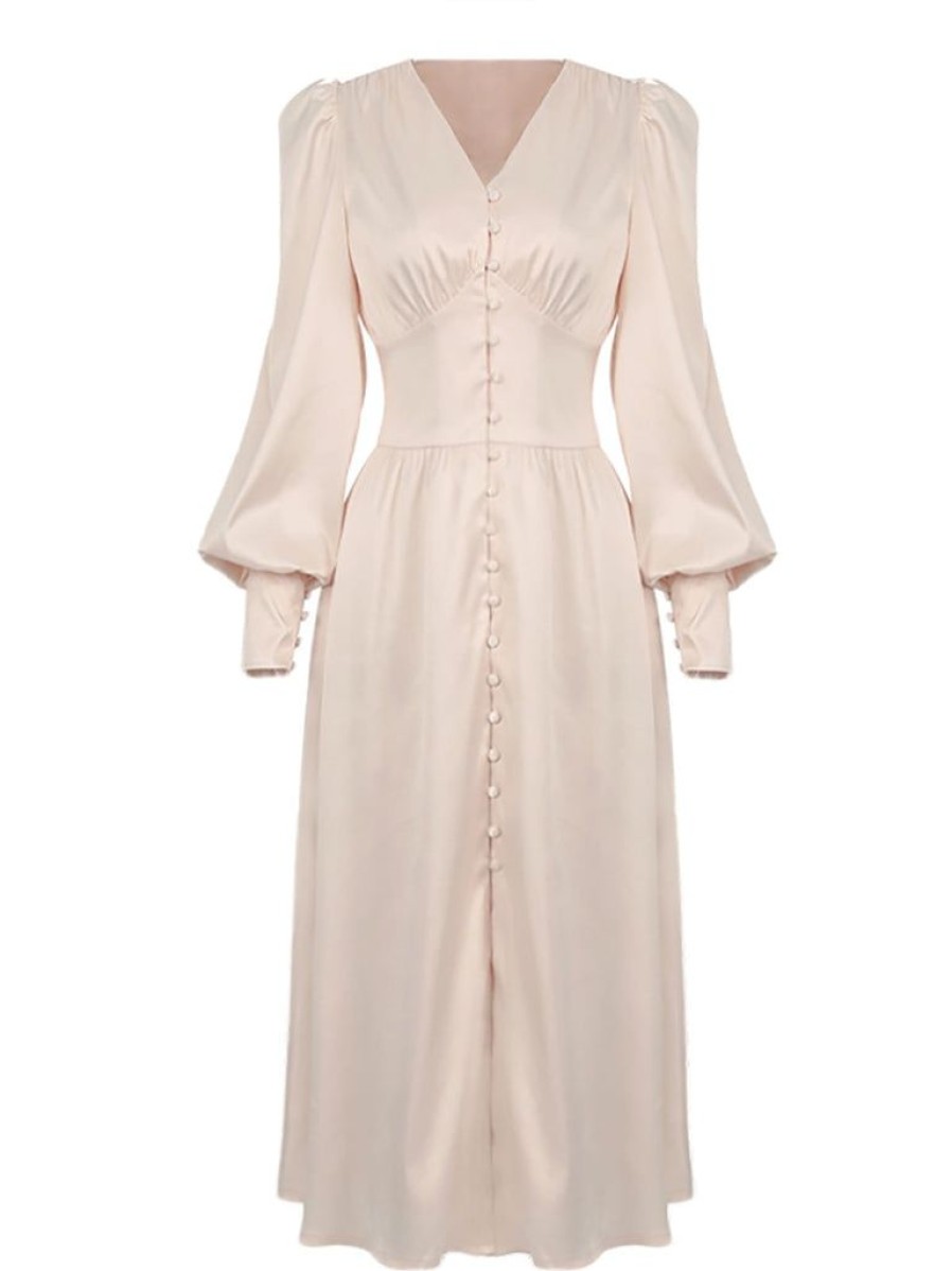 Clothing Retro Stage | 1940S Solid Silk Buttoned Tea Dress Beige