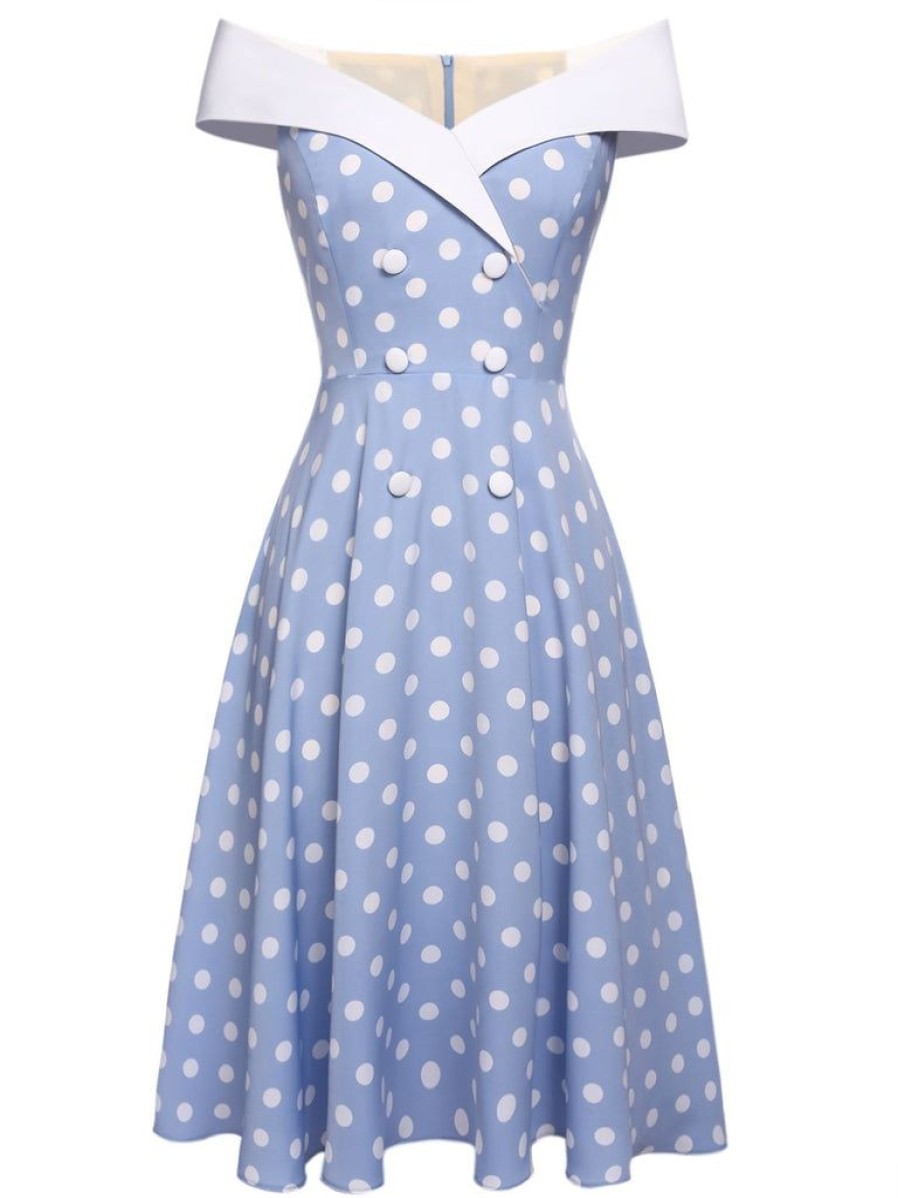 Clothing Retro Stage | 1950S Off Shoulder Dots Dress Sky Blue