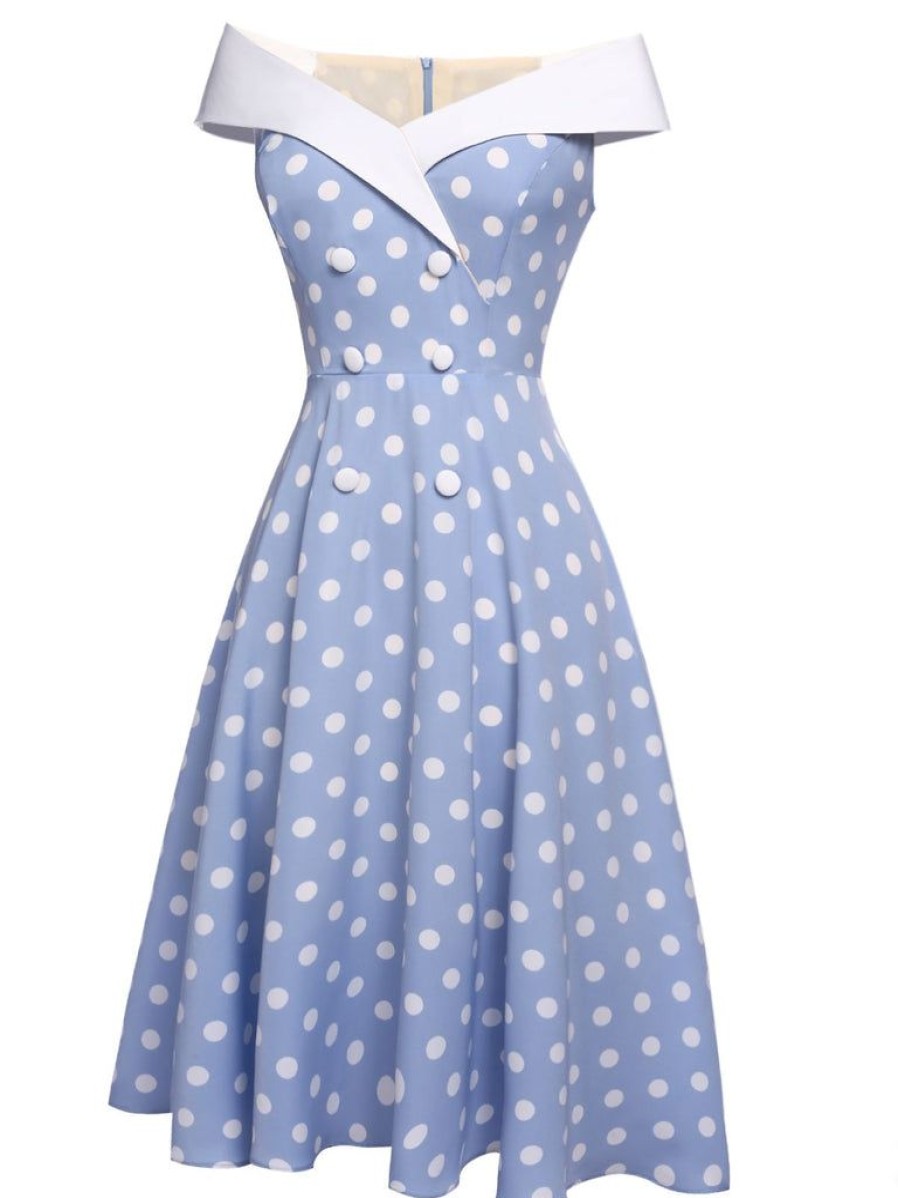 Clothing Retro Stage | 1950S Off Shoulder Dots Dress Sky Blue