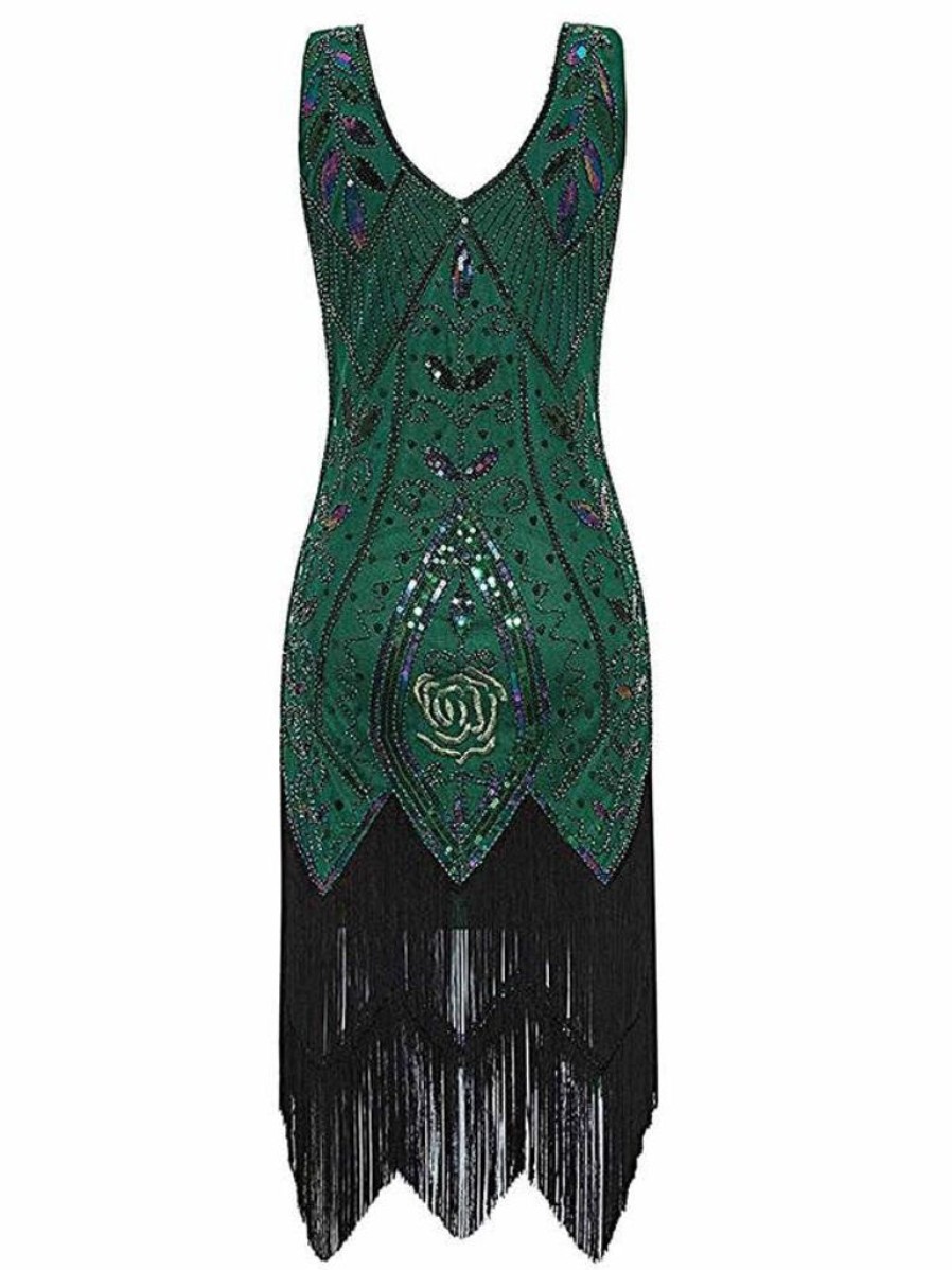 Clothing Retro Stage | Dark Geen 1920S Sequined Fringe Dress Green