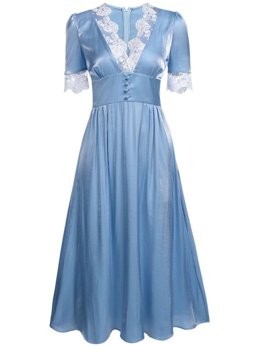 Clothing Retro Stage | 1950S Lace Patchwork Swing Dress Blue