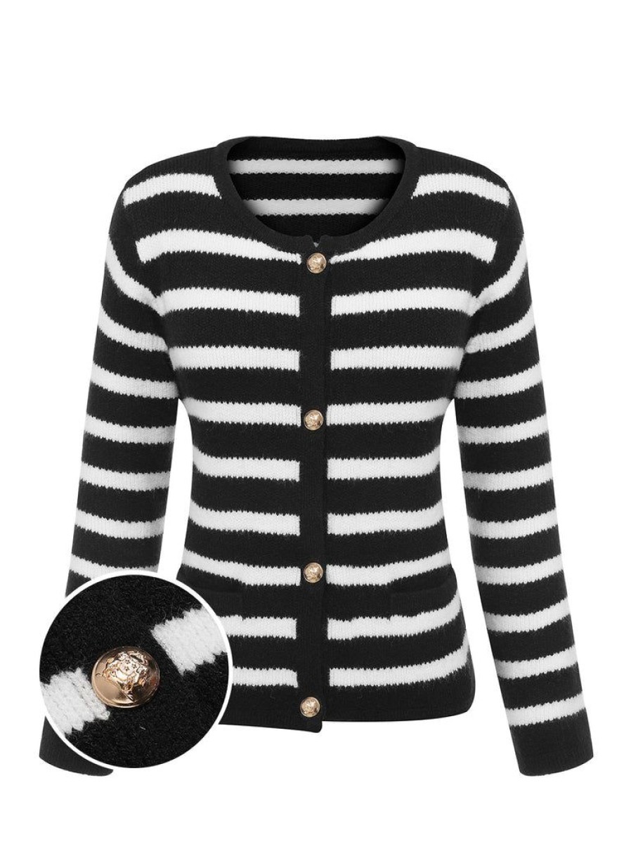 Clothing Retro Stage | 1940S Stripe Knitted Cardigan Black & White