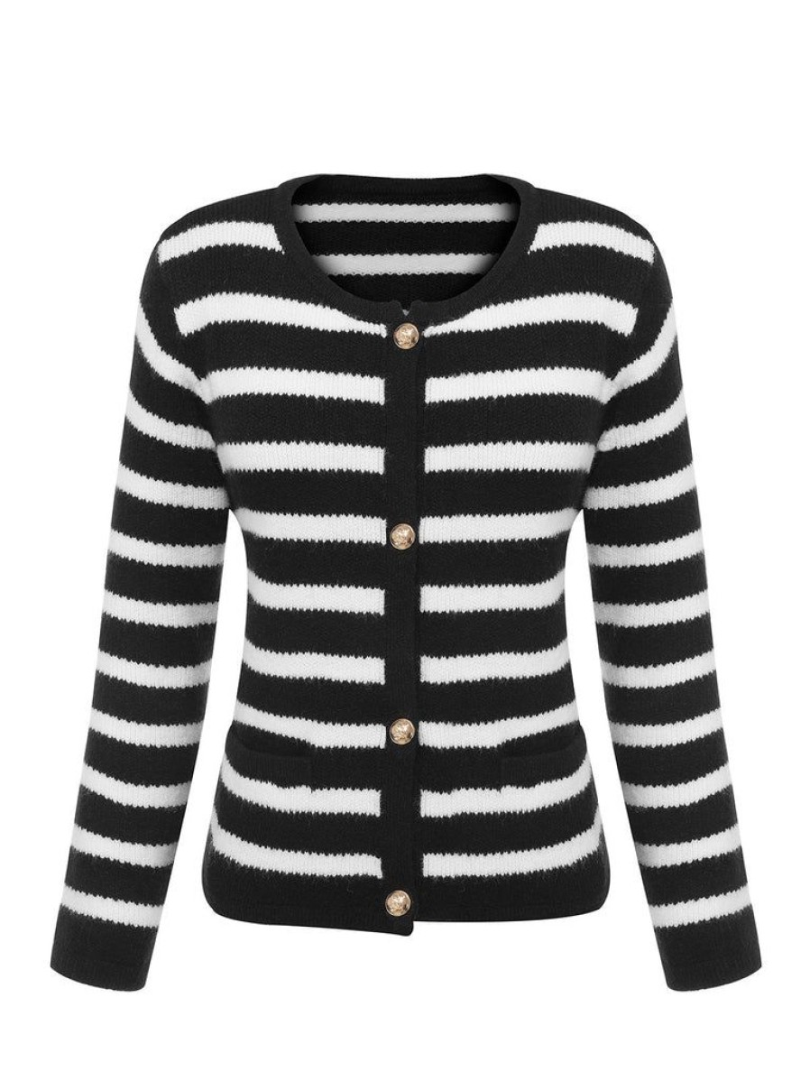 Clothing Retro Stage | 1940S Stripe Knitted Cardigan Black & White